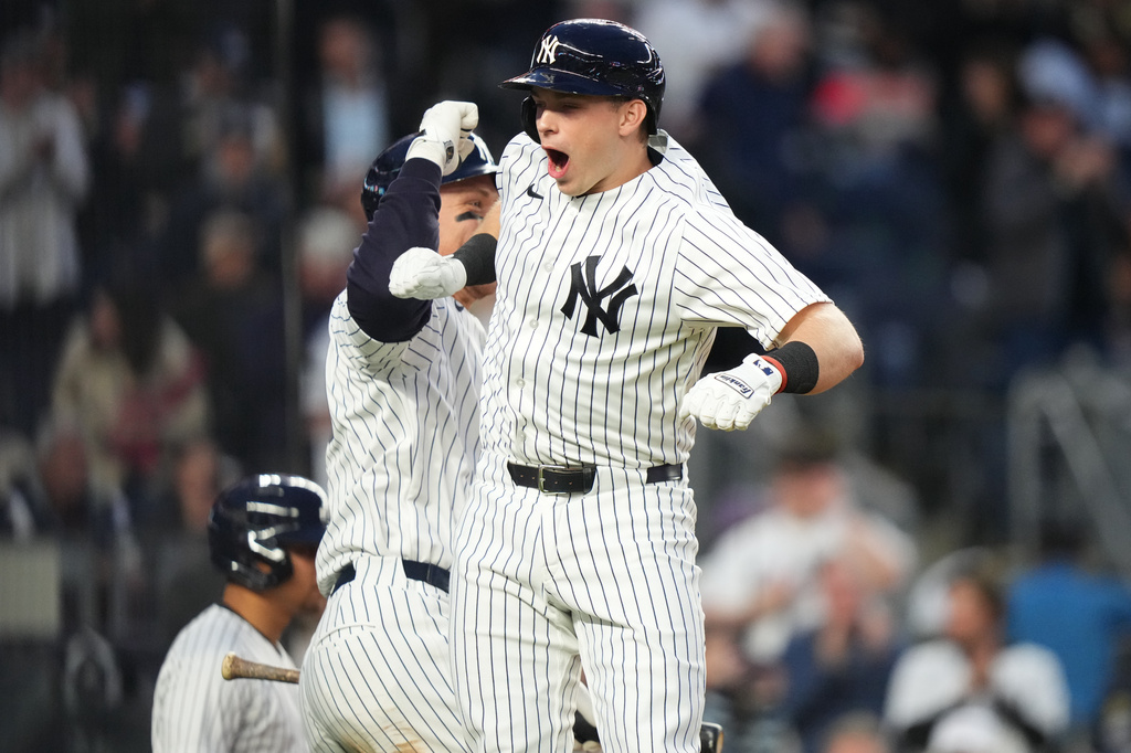New York Yankees' Ben Rice celebrates with Aaron Judge, left, after hitting a three-run home run during the second inning of a baseball game against the Baltimore Orioles Friday, May 1, 2026, in New York. (AP Photo/Frank Franklin II)