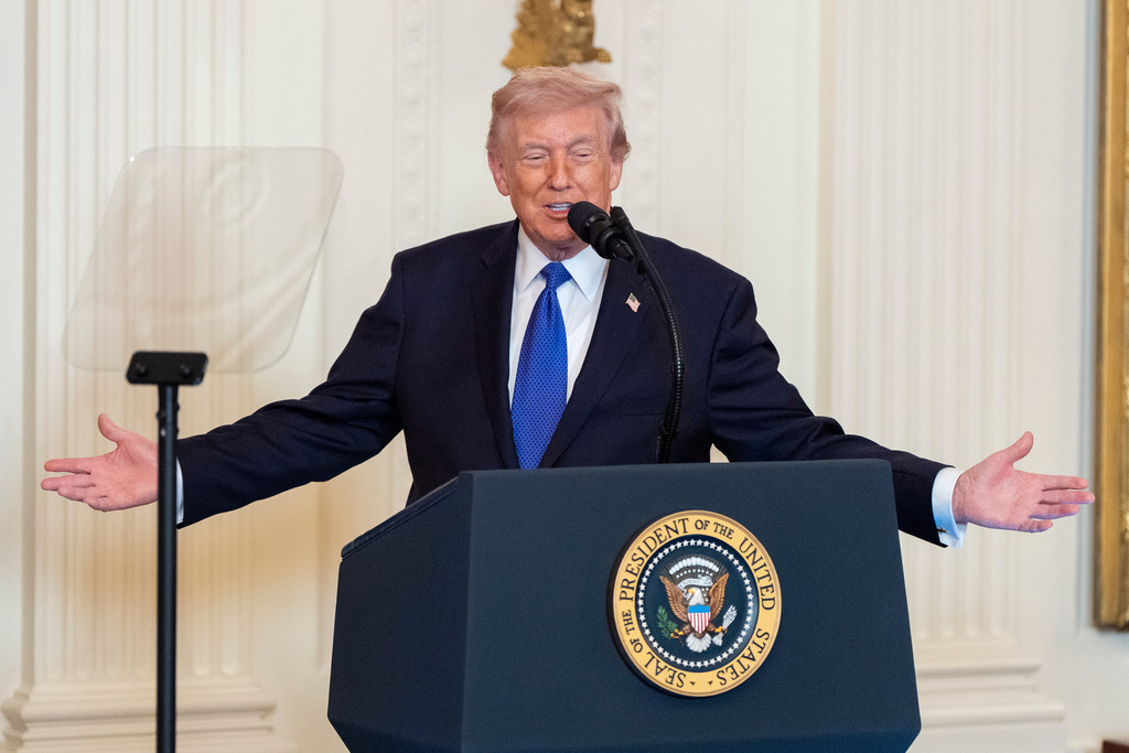 President Donald Trump speaks during a Medal of Honor ceremony in the East Room of the White House, Monday, March 2, 2026, in Washington. (AP Photo/Alex Brandon)