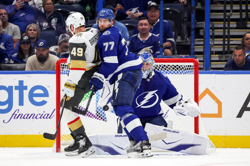 Tampa Bay Lightning goaltender Andrei Vasilevskiy, right, makes a save behind Lightning defenseman Victor Hedman (77) who defends against Vegas Golden Knights' Ivan Barbashev (49) during the second period of an NHL hockey game Sunday, Oct. 26, 2025, in Tampa, Fla. (AP Photo/Mike Carlson) Tampa Bay Lightning goaltender Andrei Vasilevskiy, right, makes a save behind Lightning defenseman Victor Hedman (77) who defends against Vegas Golden Knights' Ivan Barbashev (49) during the second period of an NHL hockey game Sunday, Oct. 26, 2025, in Tampa, Fla. (AP Photo/Mike Carlson)