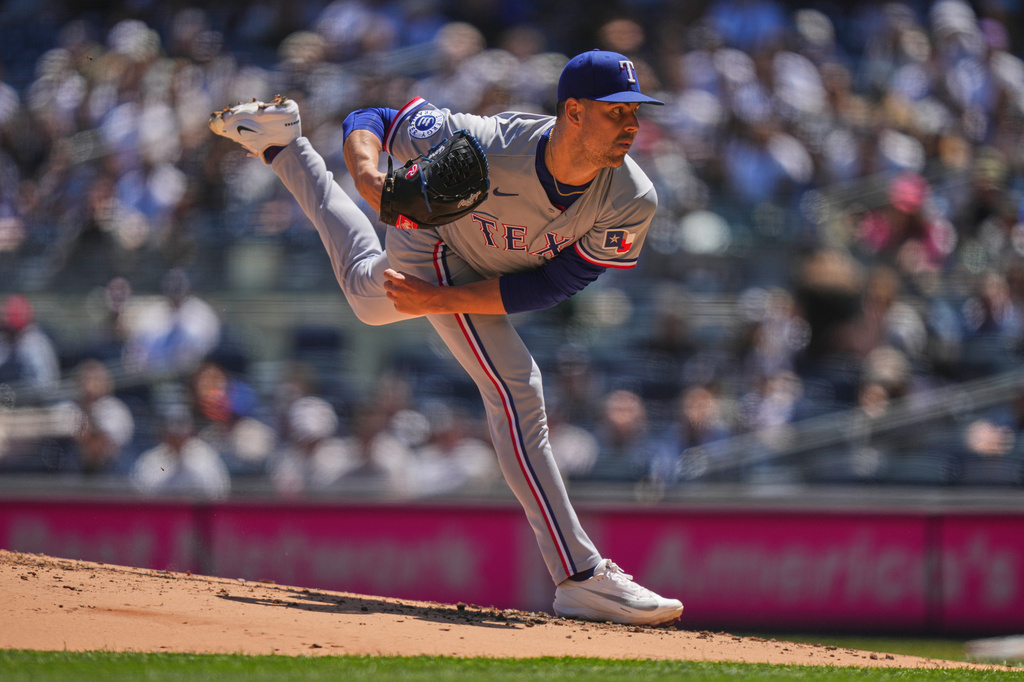 Texas Rangers' MacKenzie Gore pitches during the first inning of a baseball game against the New York Yankees Thursday, May 7, 2026, in New York. (AP Photo/Frank Franklin II)