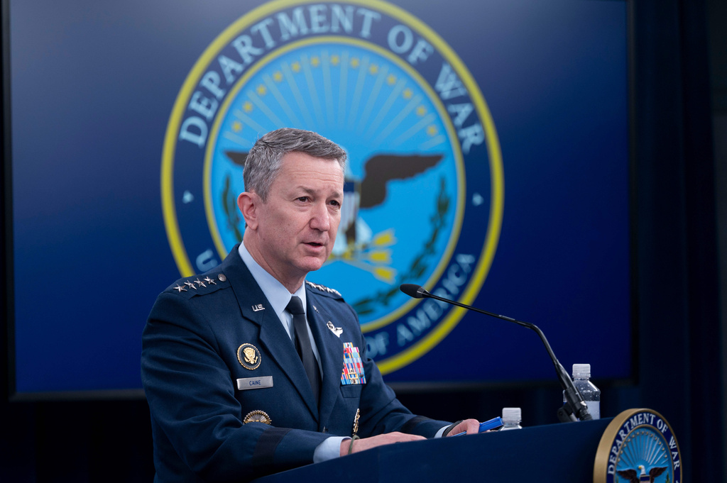 Chairman of the Joint Chiefs of Staff Gen. Dan Caine speaks to members of the media during a press briefing at the Pentagon, Thursday, April 16, 2026 in Washington. (AP Photo/Kevin Wolf)