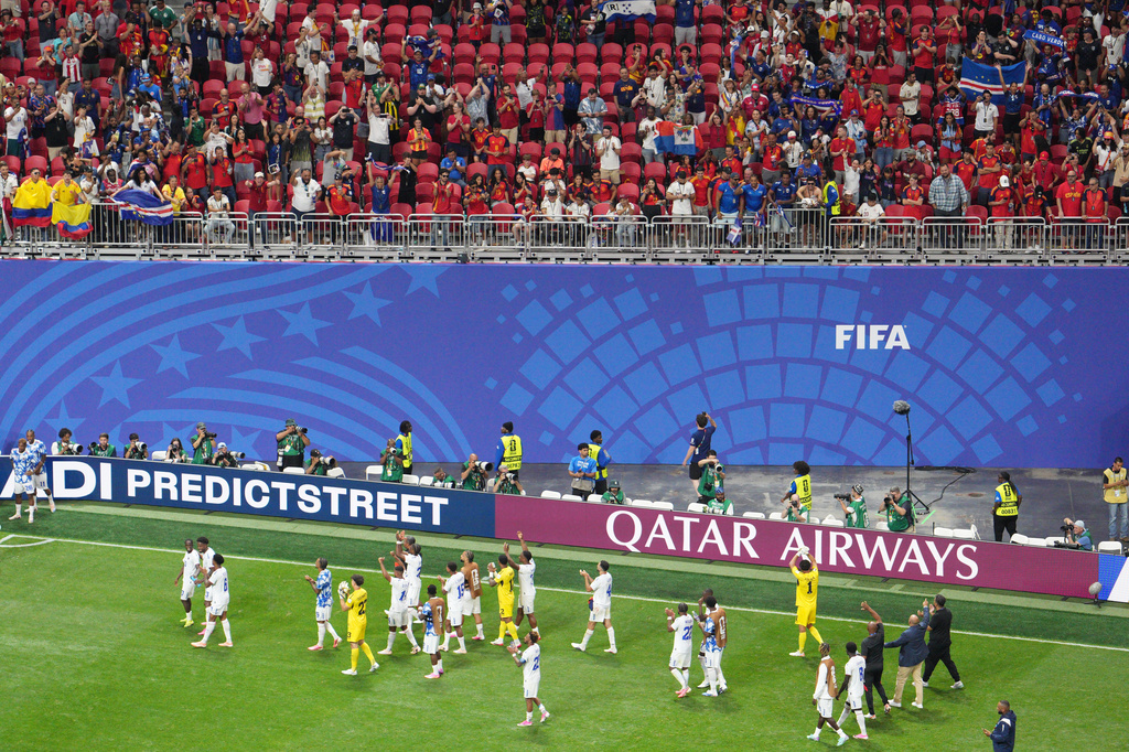 Cape Verde wave to fans after a 0-0 draw during the World Cup Group H soccer match between Spain and Cape Verde in Atlanta, Monday, June 15, 2026. (AP Photo/Jacob Kupferman)