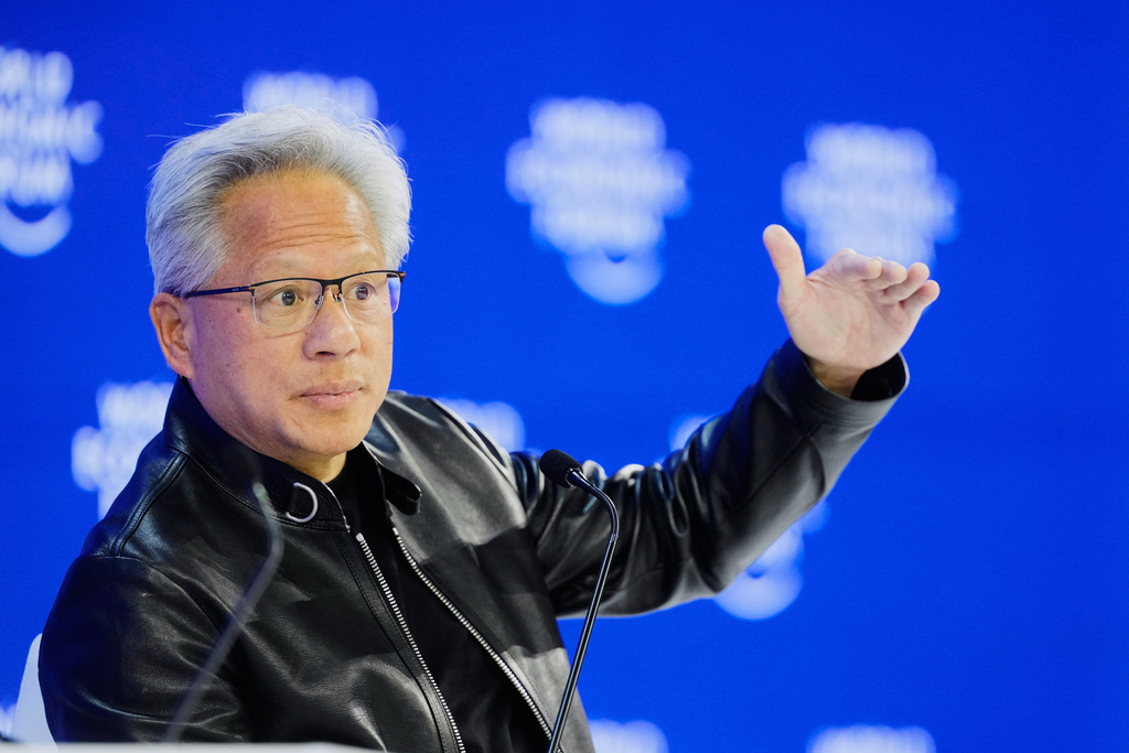 Nvidia founder and CEO Jensen Huang speaks during the Annual Meeting of the World Economic Forum in Davos, Switzerland, Wednesday, Jan. 21, 2026. (AP Photo/Markus Schreiber)