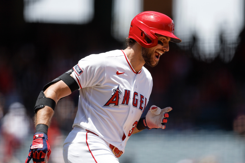 Los Angeles Angels' Josh Lowe rounds the bases after hitting a grand slam during the second inning of a baseball game against the Athletics, Sunday, June 28, 2026, in Anaheim, Calif. (AP Photo/Caroline Brehman)