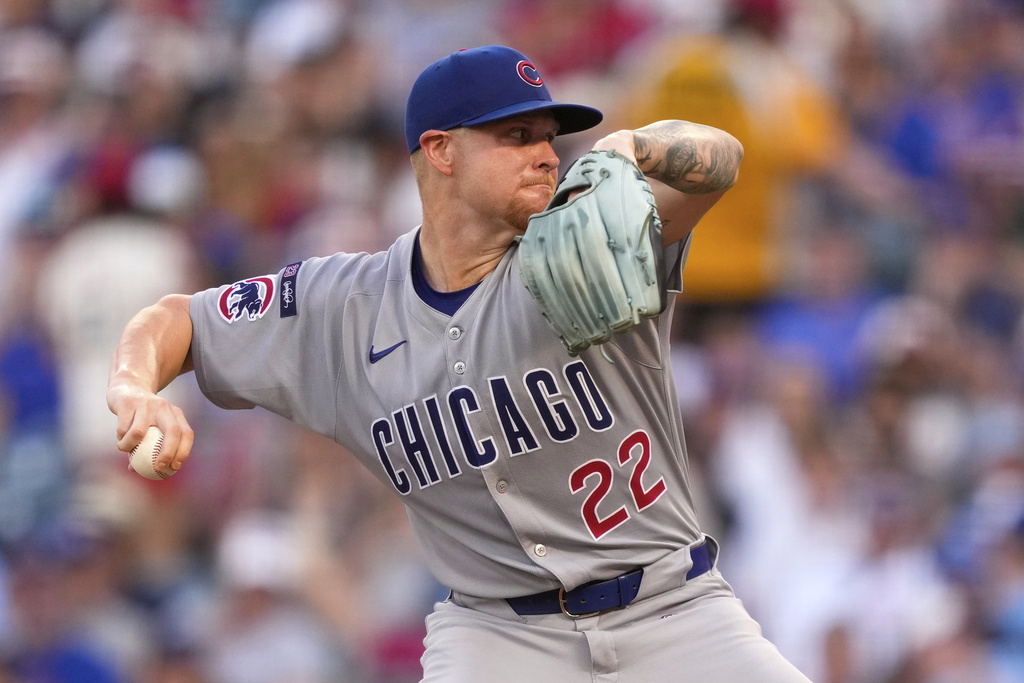 Chicago Cubs starting pitcher Cade Horton throws to the plate during the first inning of a baseball game against the Los Angeles Angels, Saturday, Aug. 23, 2025, in Anaheim, Calif. (AP Photo/Mark J. Terrill)