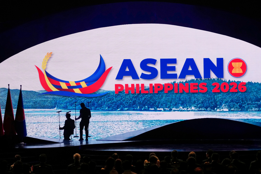 FILE - Workers arrange microphones on the stage before the start of the opening ceremony of the 48th ASEAN summit and related meetings in Cebu, Philippines, May 8, 2026. (AP Photo/Aaron Favila, Pool, File)
