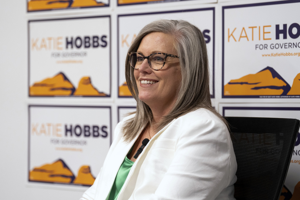 Democratic Arizona Gov. Katie Hobbs speaks during an interview with The Associated Press, Tuesday, Oct. 7, 2025, in Phoenix. (AP Photo/Samantha Chow)