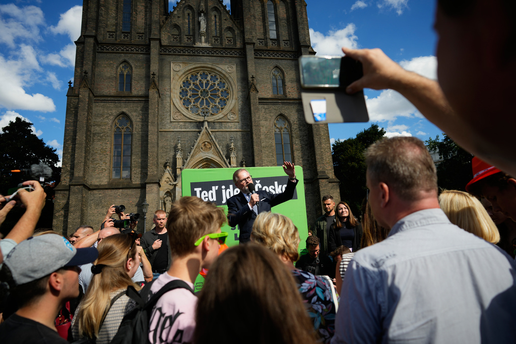 Czech Republic's Prime Minister and leader of coalition of three conservative parties called "Together" Petr Fiala talks to his supporters during a rally ahead of Parliamentary elections in Prague, Czech Republic, Sept. 3, 2025. (AP Photo/Petr David Josek)