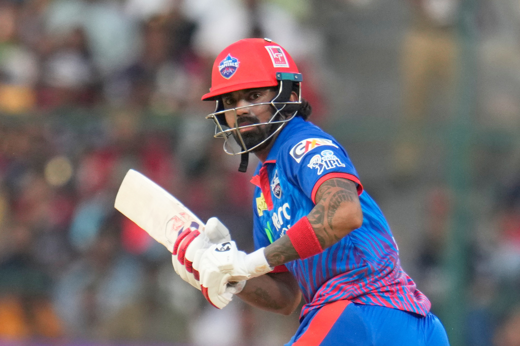 Delhi Capitals' KL Rahul plays a shot during the Indian Premier League cricket match between Royal Challengers Bengaluru and Delhi Capitals in Bengaluru, India, Saturday, April 18, 2026. (AP Photo/Aijaz Rahi)
