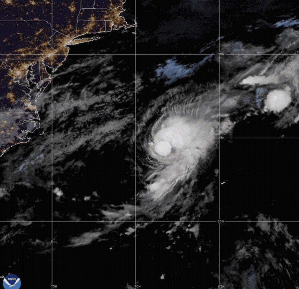 This satellite photo provided by NOAA shows Tropical Storm Dexter in the western Atlantic on Monday, Aug. 4, 2025. (NOAA via AP)
