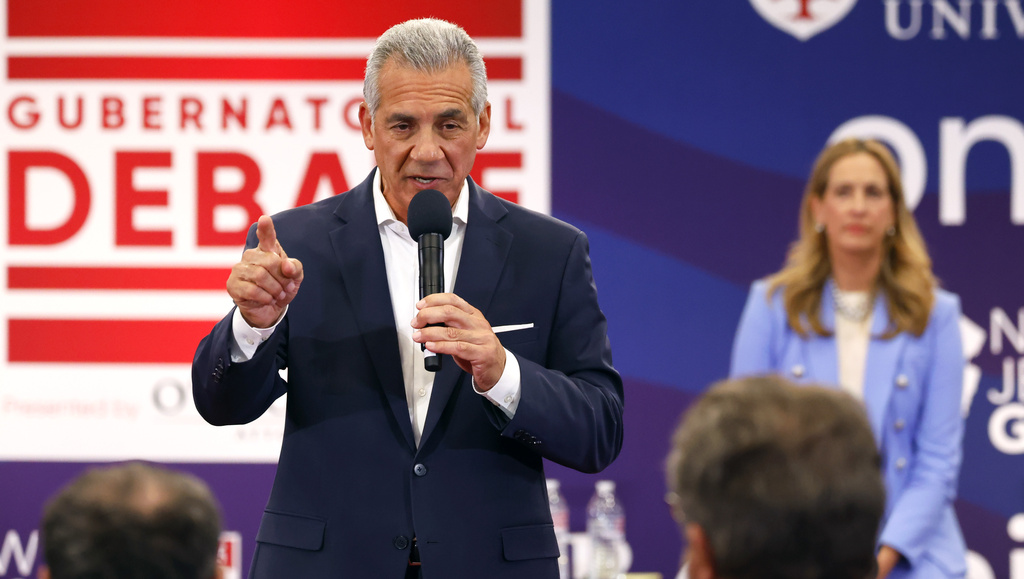 Republican Jack Ciattarelli responds to questions during the first general election gubernatorial debate with Democrat Mikie Sherrill, Sunday, Sept. 21, 2025, in Lawrenceville, N.J. (AP Photo/Noah K. Murray)