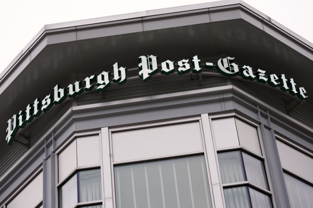 The Pittsburgh Post-Gazette logo is displayed on the newspaper's Pittsburgh office Wednesday, Jan 7, 2026. (AP Photo/Gene J. Puskar)