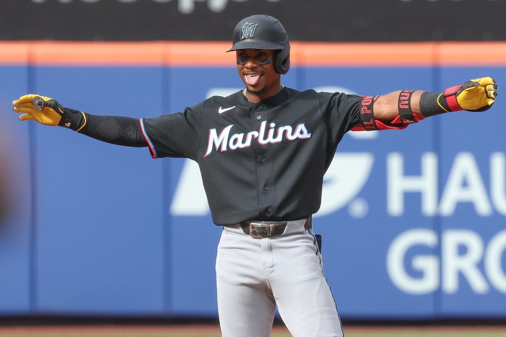 Miami Marlins' Esteury Ruiz reacts after reaching second base on a New York Mets error during the second inning of a baseball game, Saturday, Aug. 1, 2026, in New York. (AP Photo/Heather Khalifa)