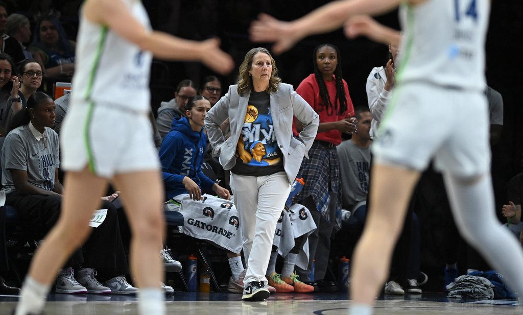 Minnesota Lynx head coach Cheryl Reeve looks on in the first half against the Portland Fire during a WNBA basketball game on Saturday, July 18, 2026, in Minneapolis, Minn. (Aaron Lavinsky/Minnesota Star Tribune via AP)