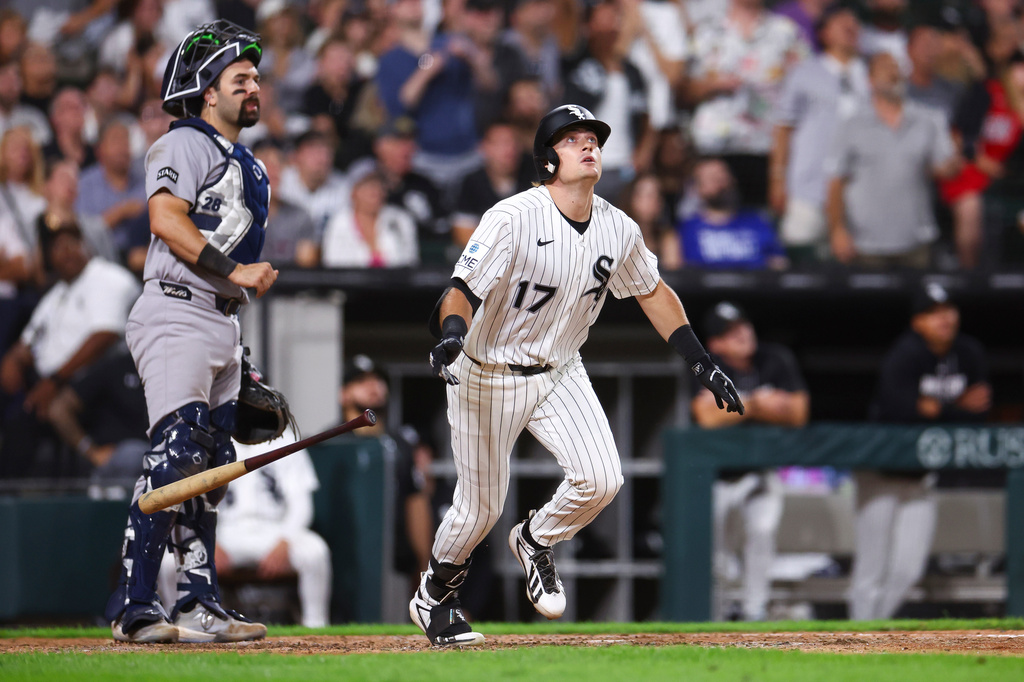 Chicago White Sox's Sam Antonacci (17) drops his bat after hitting a home run as New York Yankees catcher Austin Wells watches during the eighth inning of a baseball game in Chicago, Wednesday, July 29, 2026. (AP Photo/Jessie Alcheh)