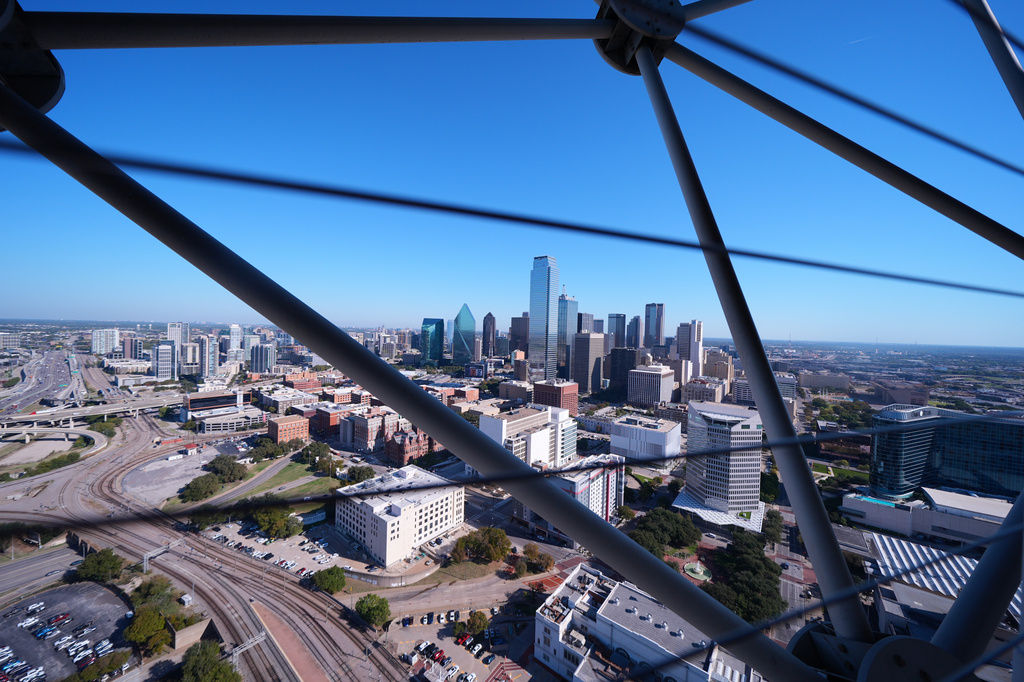 FILE - The Dallas skyline is visible through the framing of Reunion Tower, Nov. 6, 2025, in Dallas. (AP Photo/Julio Cortez, File)