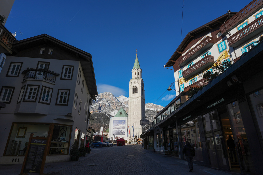 FILE - The church of the Madonna of the Defense is seen in Cortina d'Ampezzo, venue for the alpine ski discipline at the Milan Cortina 2026 Winter Olympics, Italy, Jan. 16, 2025. (AP Photo/Giovanni Auletta, File)