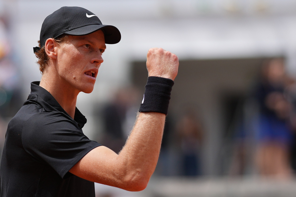 Italy's Jannik Sinner reacts after beating Andrey Rublev 6-2, 6-4, during their match at the Italian Open tennis tournament in Rome, Thursday, May 14, 2026. (AP Photo/Andrew Medichini)