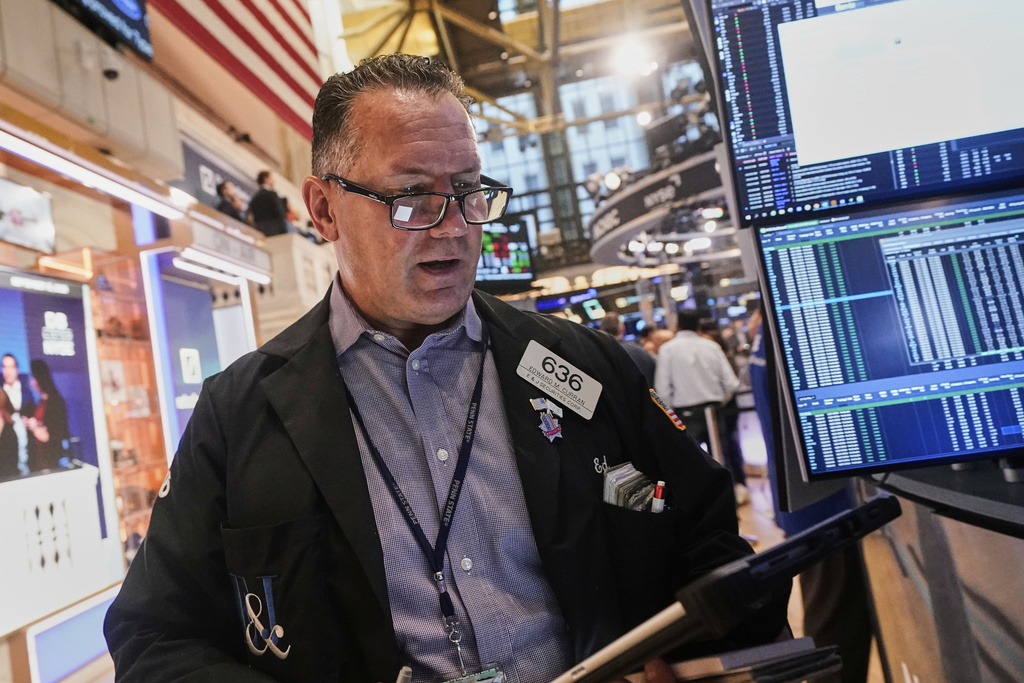 Trader Edward Curran works on the floor of the New York Stock Exchange, Monday, Sept. 15, 2025. (AP Photo/Richard Drew)