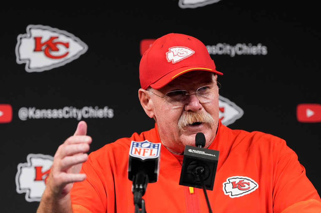 Kansas City Chiefs head coach Andy Reid speaks during a news conference after an NFL football game against the Las Vegas Raiders in Las Vegas, Sunday, Oct. 4, 2026. (AP Photo/John Locher)