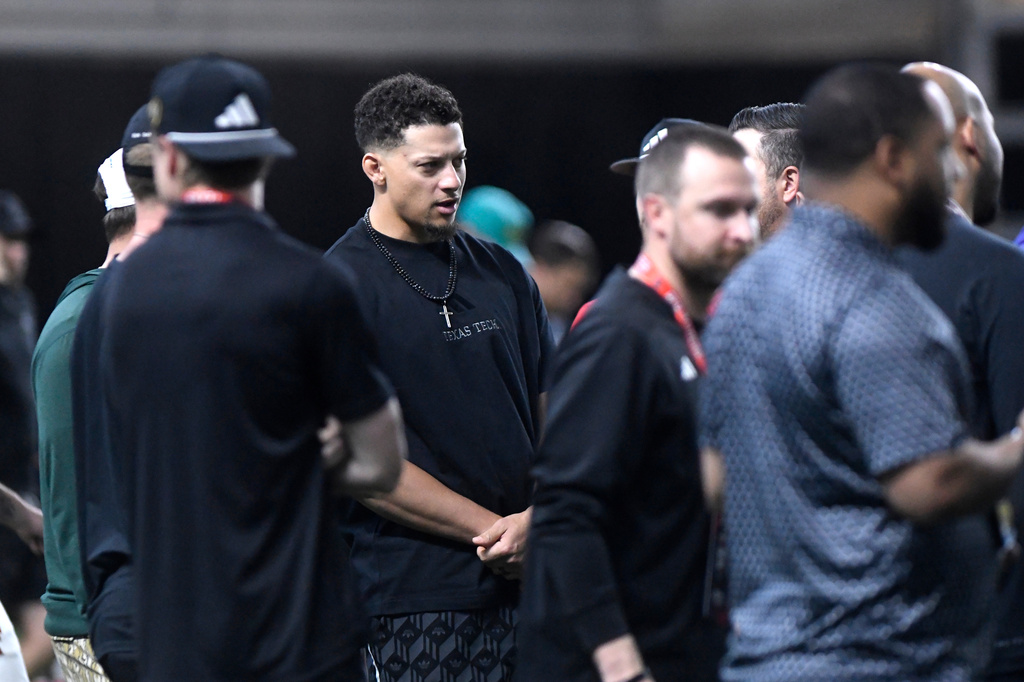 Kansas City Chiefs quarterback Patrick Mahomes attends Texas Tech's NFL football pro day, Thursday, March 26, 2025, in Lubbock, Texas. (AP Photo/Annie Rice)