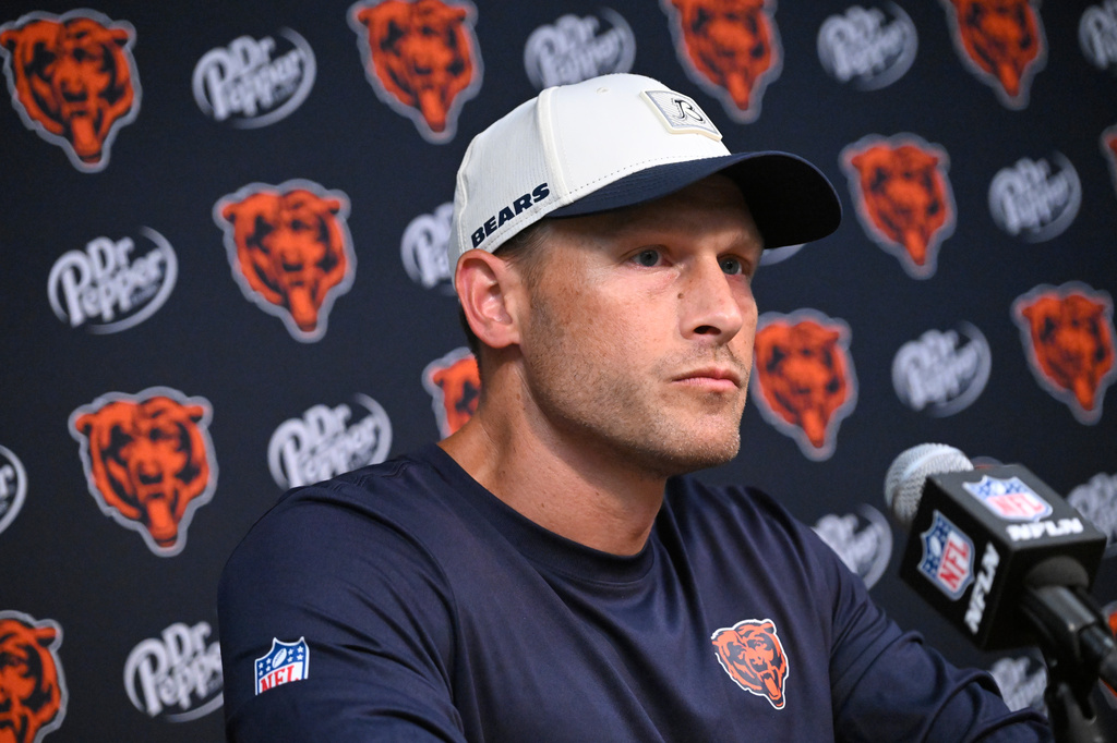 Chicago Bears head coach Ben Johnson talks to reporters following a preseason NFL football game against the Tennessee Titans, Saturday, Aug. 29, 2026, in Nashville, Tenn. (AP Photo/John Amis)