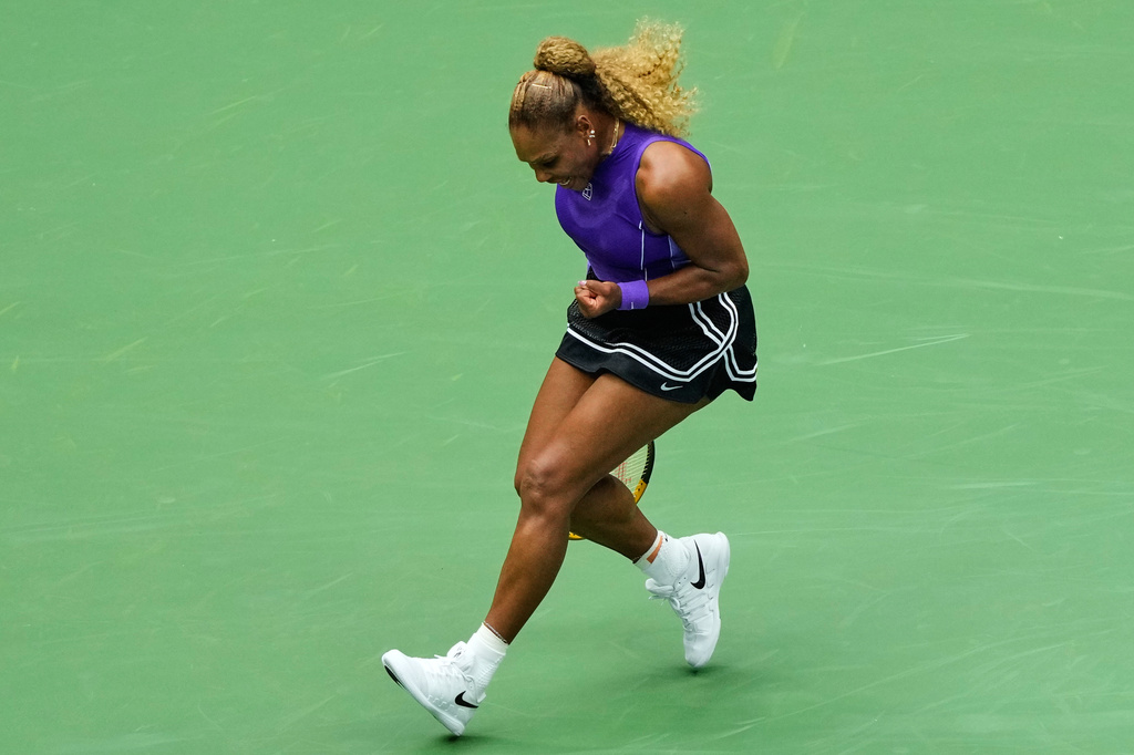 Serena Williams, of the United States, reacts during a mixed doubles match at the U.S. Open tennis championships, Tuesday, Aug. 25, 2026, in New York. (AP Photo/Yuki Iwamura)