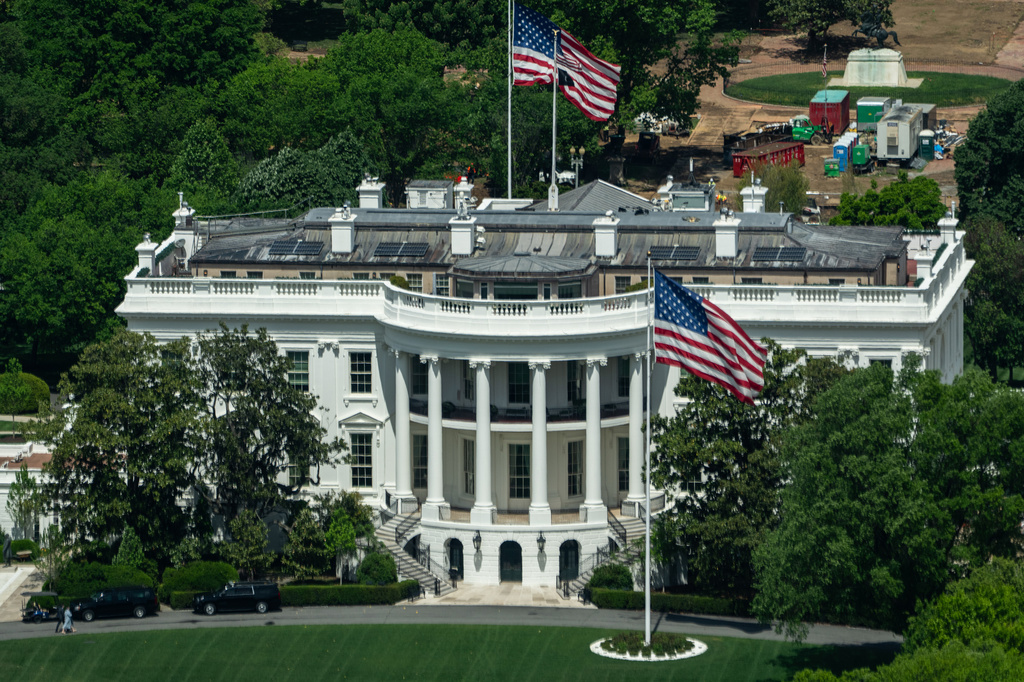 The White House is seen from the Washington Monument, Monday, April 20, 2026, in Washington. (AP Photo/Julia Demaree Nikhinson)