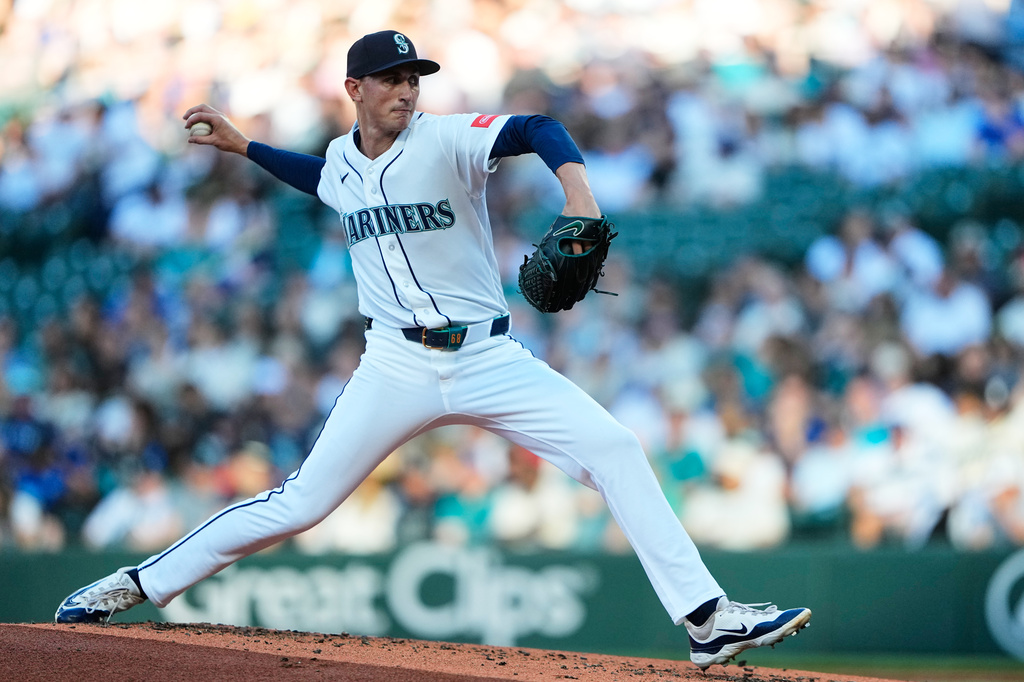 Seattle Mariners starting pitcher George Kirby throws against the Baltimore Orioles during the third inning of a baseball game, Wednesday, June 17, 2026, in Seattle. (AP Photo/Lindsey Wasson)
