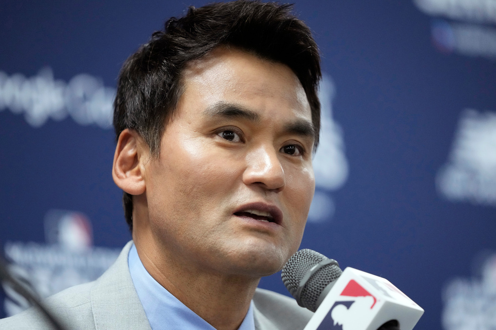 FILE - Former Los Angeles Dodgers pitcher Chan Ho Park speaks during a press conference at the Gocheok Sky Dome ahead of a game between the Los Angeles Dodgers and the San Diego Padres for the MLB World Tour Seoul Series in Seoul, South Korea, on March 20, 2024. (AP Photo/Lee Jin-man, File)