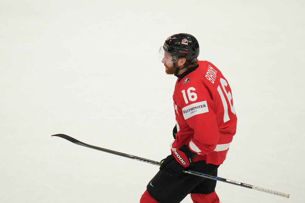 Canada's Connor Brown (16) celebrates after scoring a goal during the third period of the 2026 IIHF Men's Ice Hockey World Championship quarterfinal match between Canada and United States, in Fribourg, Switzerland, Thursday, May 28, 2026. (AP Photo/Darko Bandic)