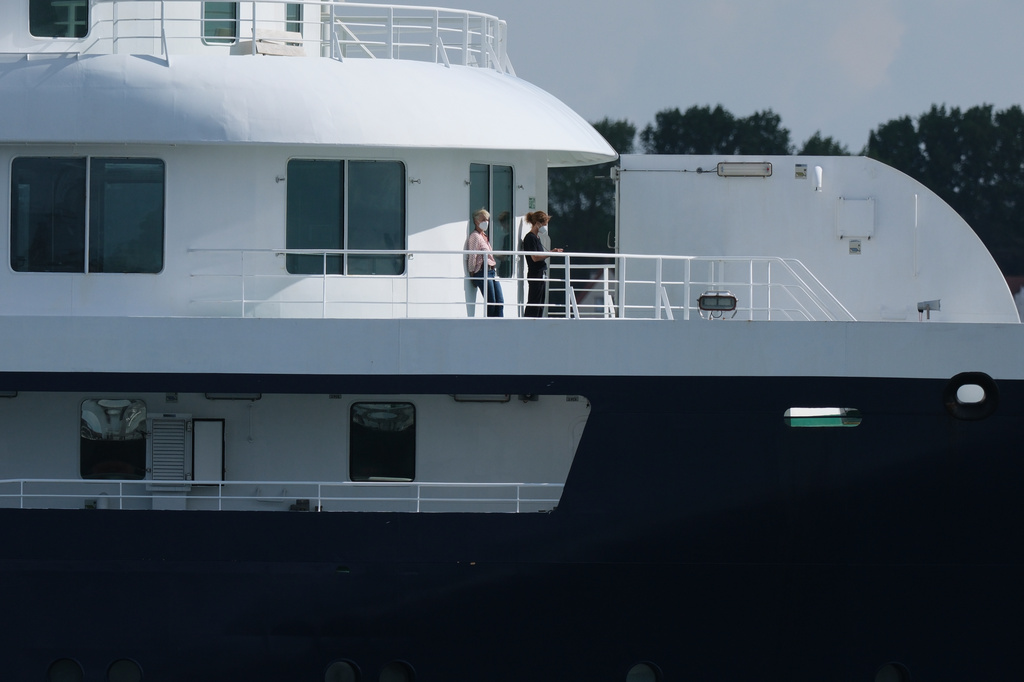 The MV Hondius cruise ship arrives at the Port of Rotterdam, Netherlands, Monday, May 18, 2026. (AP Photo/Patrick Post)