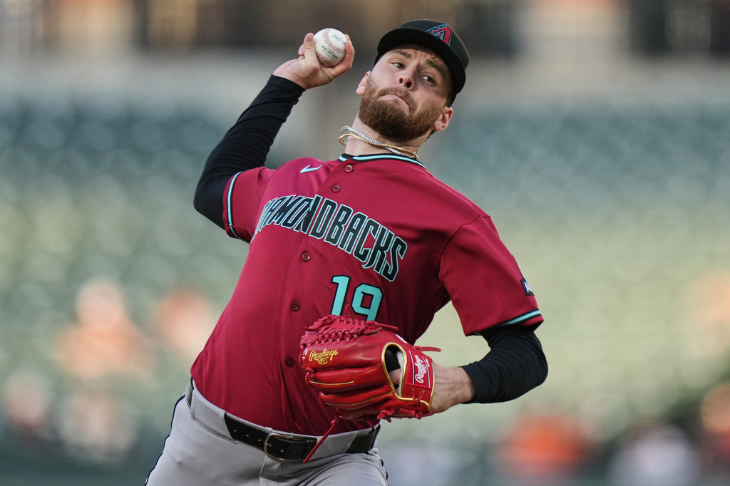 Arizona Diamondbacks starting pitcher Ryne Nelson delivers during the first inning of a baseball game against the Baltimore Orioles, Monday, April 13, 2026, in Baltimore. (AP Photo/Stephanie Scarbrough)