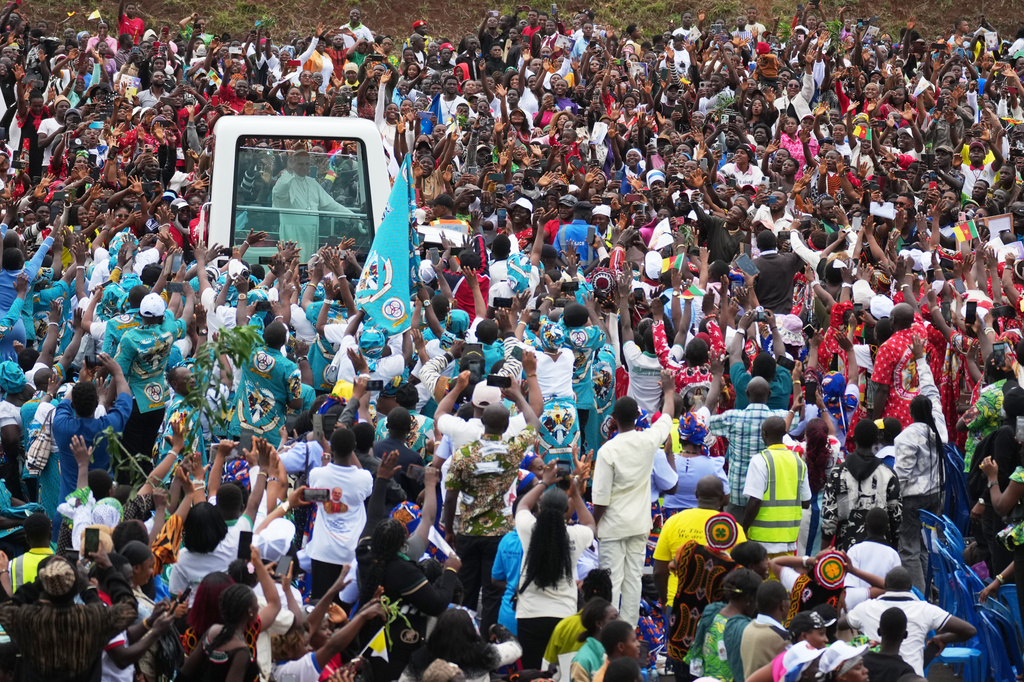 Pope Leo XIV arrives to celebrate Mass at Bamenda Airport, Cameroon, Thursday, April 16, 2026, on the fourth day of his 11-day pastoral visit to Africa. (AP Photo/Andrew Medichini)