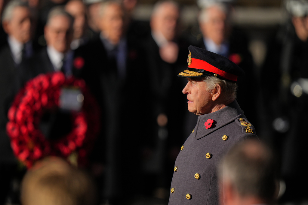 Britain's King Charles III attends the Remembrance Sunday Service at the Cenotaph in London, Sunday, Nov. 9, 2025.(AP Photo/Alastair Grant, Pool)