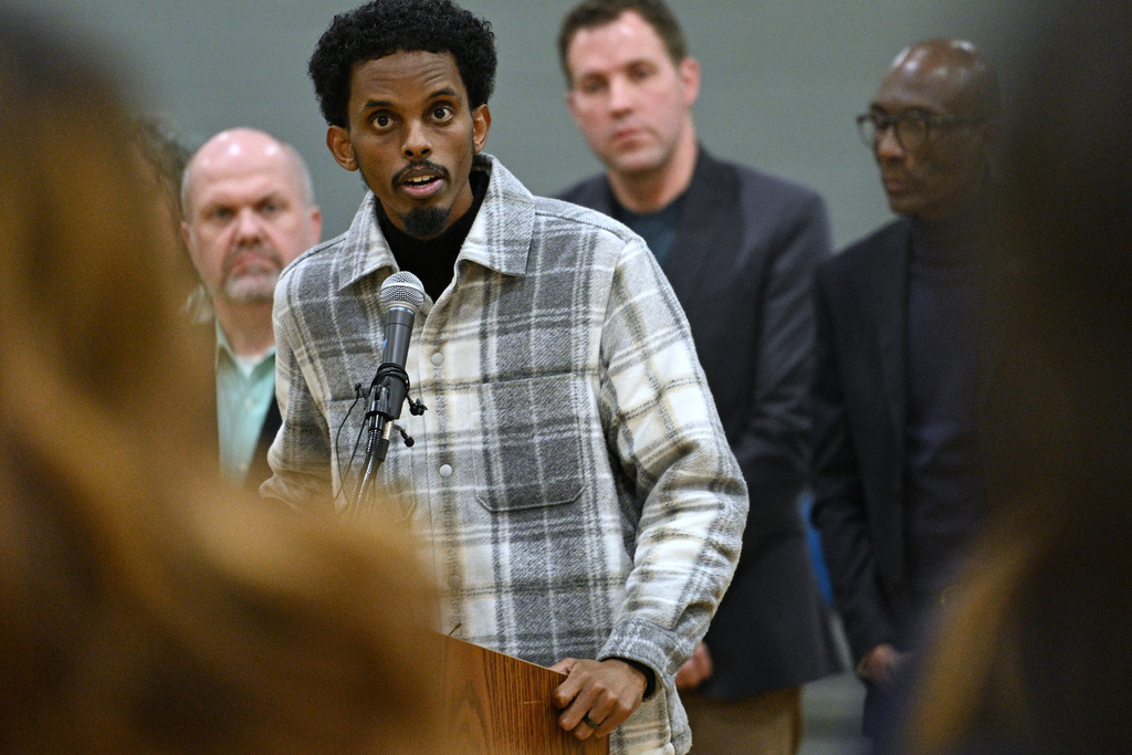 State Sen. Omar Fateh, DFL-Minneapolis, speaks during a news conference at Coyle Community Center in Minneapolis, Minn., as community leaders react to the immigration enforcement efforts aimed at Somalians recently announced by the Trump administration, Wednesday, Dec 5, 2025. (AP Photo/Tom Baker)
