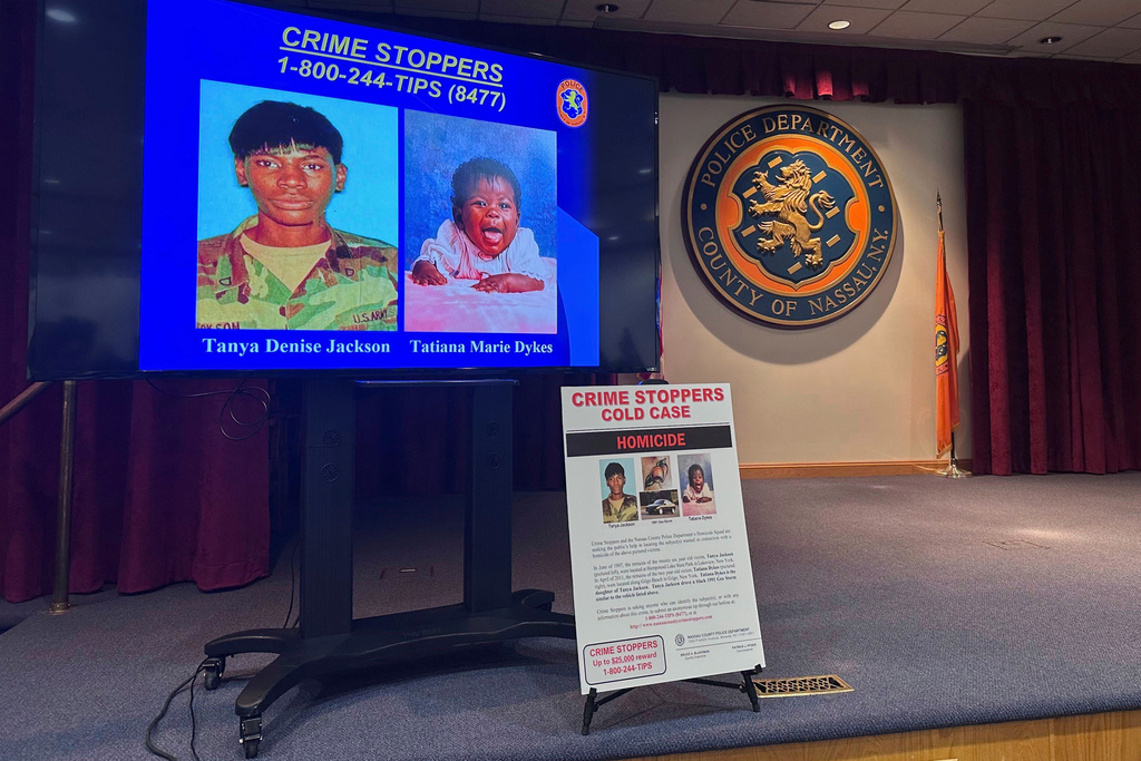 FILE - Nassau County police and prosecutors display photos of Tanya Jackson and Tatiana Dykes, whose remains were found near Long Island's Gilgo Beach, during a news conference, Wednesday, April 23, 2025, in Mineola, N.Y. (AP Photo/Philip Marcelo, File)