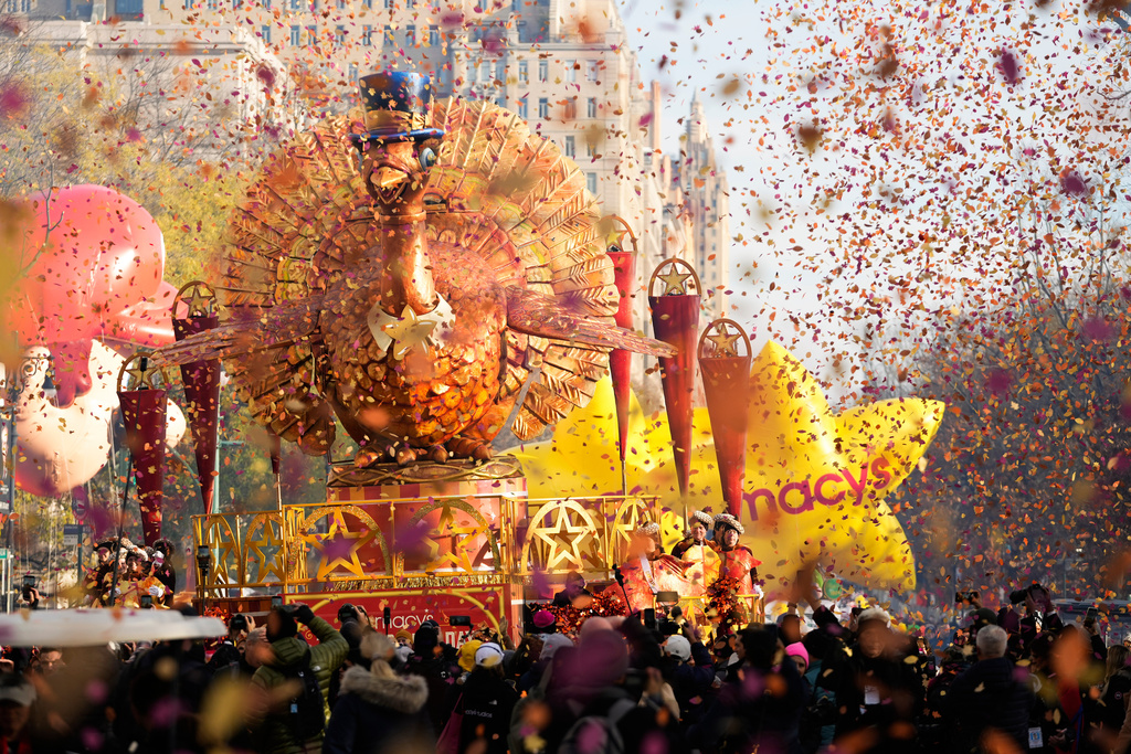 Confetti fills the air as the Tom Turkey float starts its way down Central Park West during the Macy's Thanksgiving Day Parade, Thursday, Nov. 27, 2025, in New York. (AP Photo/Frank Franklin)