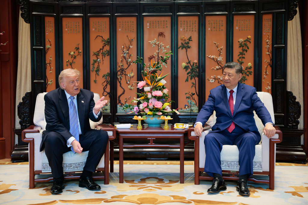 Chinese President Xi Jinping and U.S. President Donald Trump attend a meeting on the sidelines of their visit to the Zhongnanhai Garden in Beijing, China, Friday, May 15, 2026. (Evan Vucci/Pool Photo via AP)