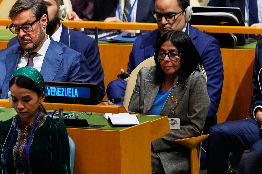 Venezuela's acting president Delcy Rodriguez listens as United States President Donald Trump speaks during the 81st session of the United Nations General Assembly at United Nations headquarters, Tuesday, Sept. 22, 2026. (AP Photo/Yuki Iwamura)
