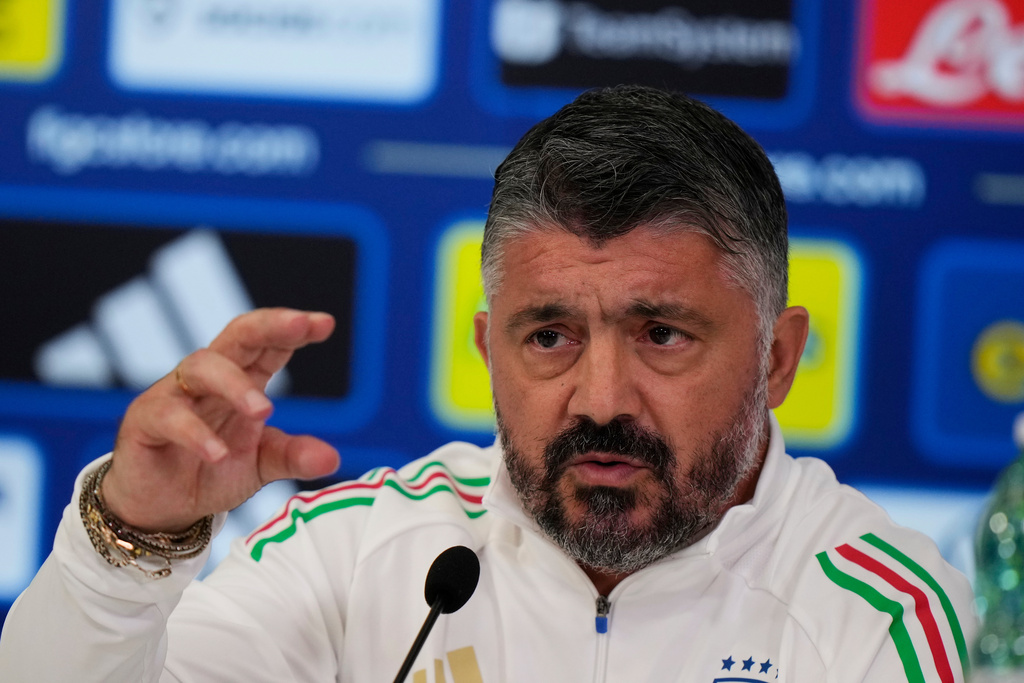 Italy's coach Gennaro Gattuso attends a new conference ahead of tomorrw's World Cup 2026, Group I qualifying soccer match between Italy and Israel at the Bluenergy Stadium in Udine, Italy, Monday, Oct.13, 2025. (AP Photo/Luca Bruno)