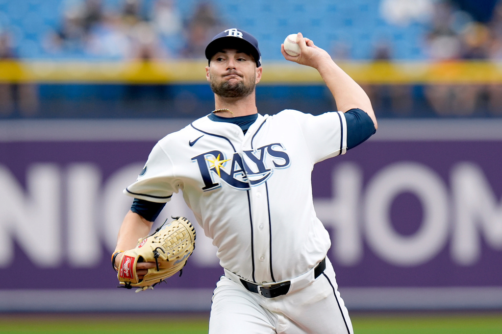 Tampa Bay Rays pitcher Shane McClanahan delivers to the Toronto Blue Jays during the first inning of a baseball game Wednesday, May 6, 2026, in St. Petersburg, Fla. (AP Photo/Chris O'Meara)