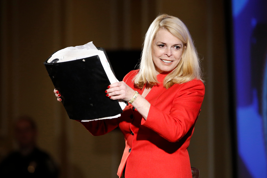 FILE - Betsy McCaughey speaks Jan. 23, 2016, at the New Hampshire Republican Party summit in Nashua, N.H. (AP Photo/Matt Rourke, File)