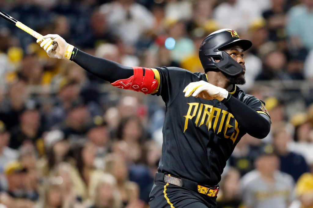 Pittsburgh Pirates' Oneil Cruz watches his two-run home run off of Tampa Bay Rays' Griffin Jax in the sixth inning of a baseball game in Pittsburgh, Friday, April 17, 2026. (AP Photo/Tom E. Puskar)
