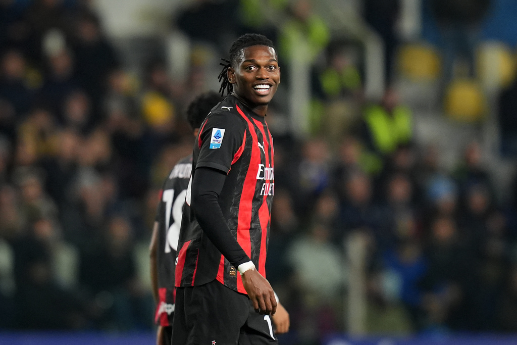 AC Milan's Rafael Leao celebrates after scoring during the Serie A soccer match between Parma and Milan in Parma, Italy, Sunday, Nov. 8, 2025. (Massimo Paolone/LaPresse via AP)