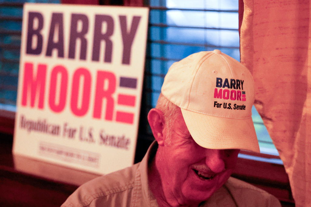 Supporters gather for Republican candidate for U.S. Senate Barry Moore at a watch party at the Rawls Hotel, Tuesday, June 16, 2026, in Enterprise, Ala. (AP Photo/Butch Dill)