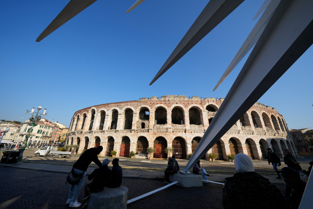 An external view of the Arena of Verona, Italy, Wednesday, Dec. 10, 2025. (AP Photo/Luca Bruno)