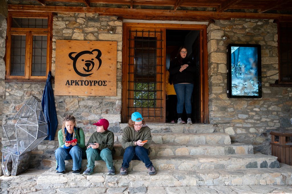 Visitors sit on the stairs inside the Arcturos bear sanctuary in Nymfaio, northern Greece, on Thursday, Oct. 30, 2025. (AP Photo/Giannis Papanikos)