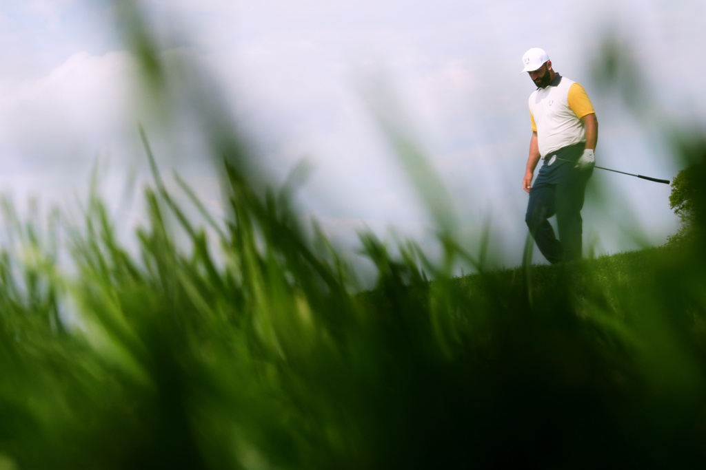Europe's Jon Rahm walks on the 16th hole during a practice round for the Ryder Cup golf tournament, Tuesday, Sept. 23, 2025, in Farmingdale, N.Y., at Bethpage State Park's Black Course. (AP Photo/Lindsey Wasson)