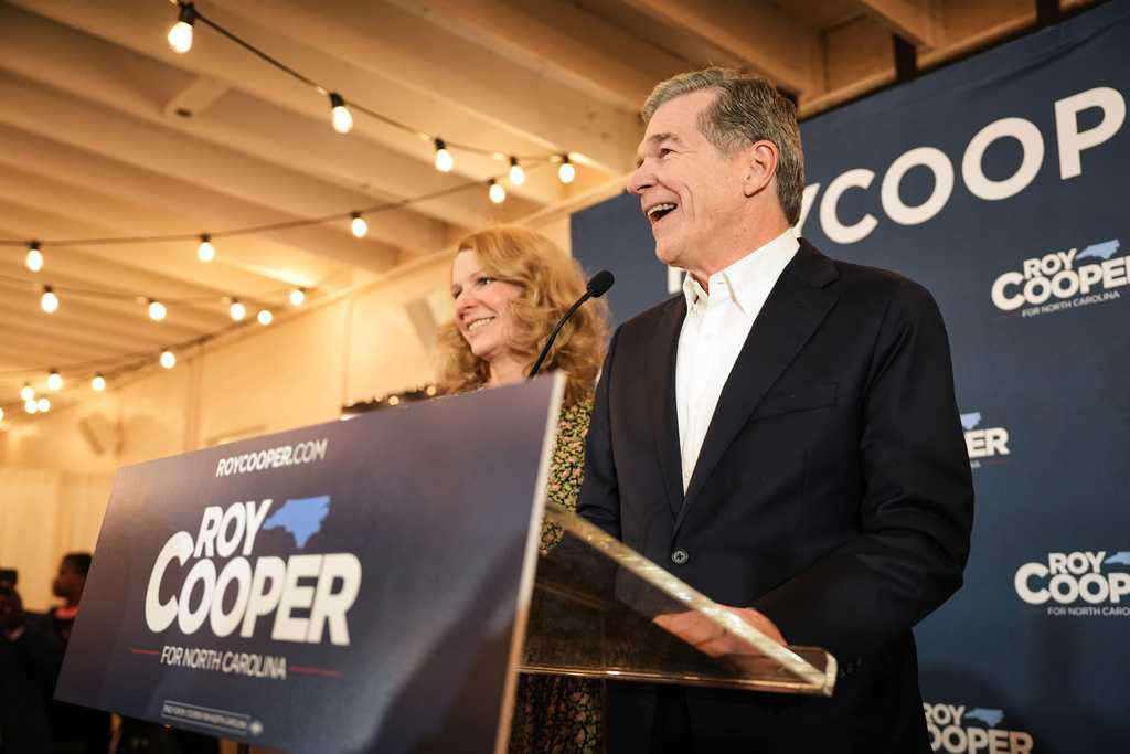 North Carolina Democratic Senate candidate former Gov. Roy Cooper speaks at a primary election night watch party Tuesday, March 3, 2026, in Raleigh, N.C. (AP Photo/Matt Ramey)